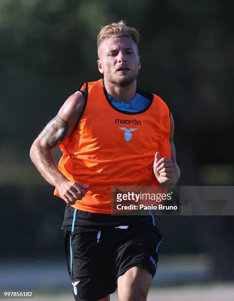 Ciro Immobile in action during the SS Lazio training session on July 13, 2018 in Rome, Italy.