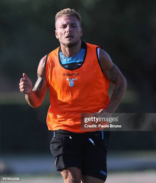 Ciro Immobile in action during the SS Lazio training session on July 13, 2018 in Rome, Italy.