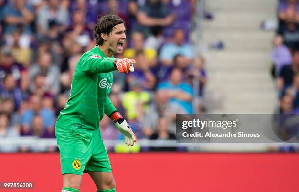 Goal keeper Marwin Hitz of Borussia Dortmund in action during a friendly match against Austria Wien at the Generali Arena on July 13, 2018 in Vienna,...