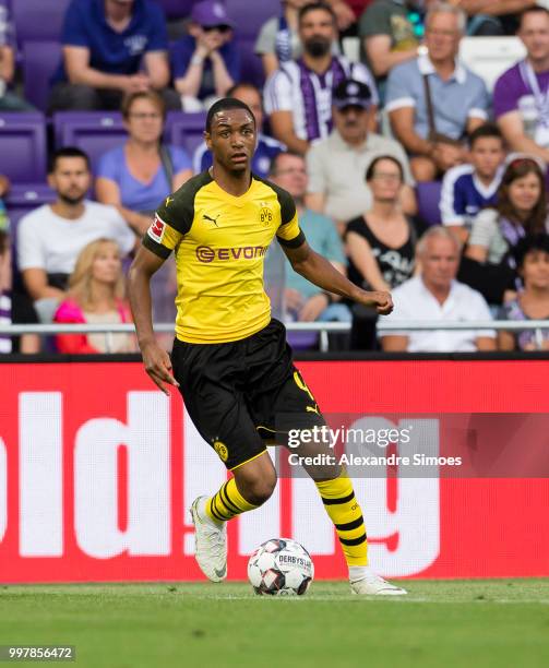 Abdou Diallo of Borussia Dortmund in action during a friendly match against Austria Wien at the Generali Arena on July 13, 2018 in Vienna, Austria.