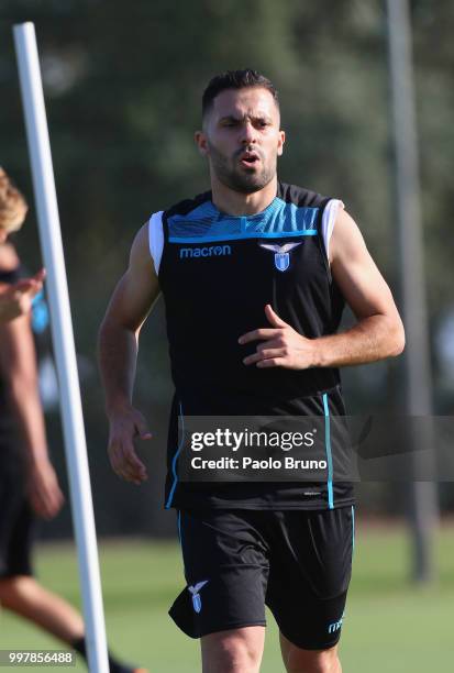 Riza Durmisi in action during the SS Lazio training session on July 13, 2018 in Rome, Italy.