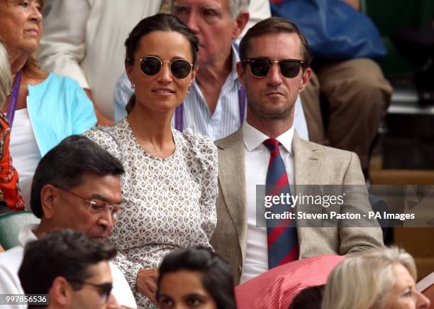 Pippa and James Matthews in the stands on centre court on day eleven of the Wimbledon Championships at the All England Lawn Tennis and Croquet Club,...