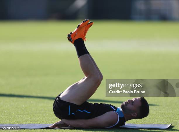 Riza Durmisi in action during the SS Lazio training session on July 13, 2018 in Rome, Italy.