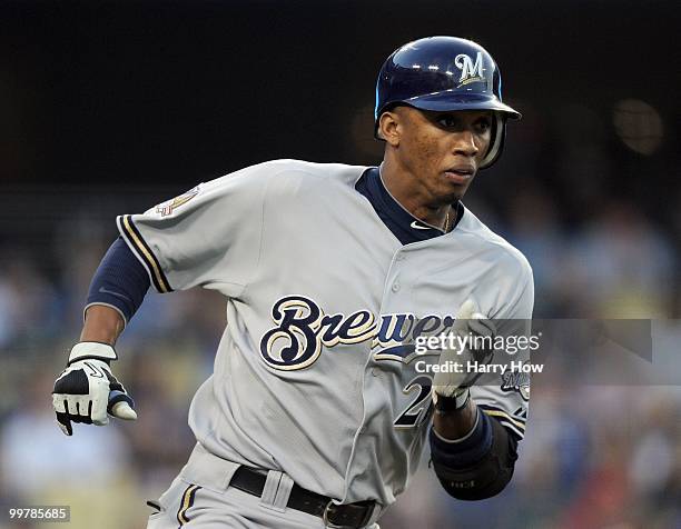 Alcides Escobar of the Milwaukee Brewers runs to first on a hit against the Los Angeles Dodgers at Dodger Stadium on May 5, 2010 in Los Angeles,...