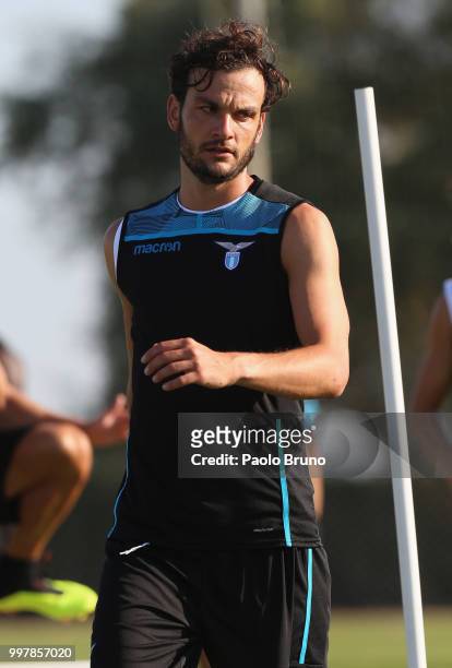 Marco Parolo in action during the SS Lazio training session on July 13, 2018 in Rome, Italy.