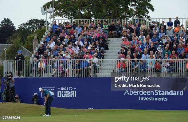 Justin Rose of England finishes his round at 18 green during the second day of the Aberdeen Standard Investments Scottish Open at Gullane Golf Course...