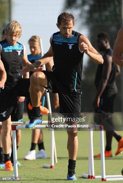 Senad Lulic in action during the SS Lazio training session on July 13, 2018 in Rome, Italy.