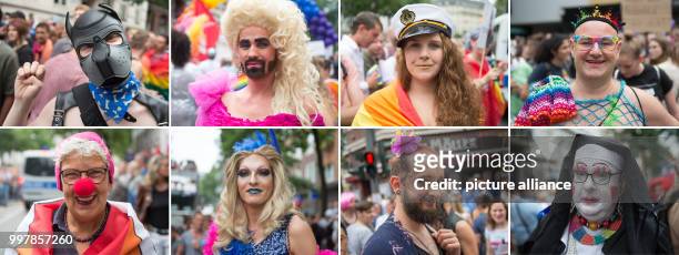 Picture combo showing participants in the Christopher Street Day Parade in Hamburg, Germany, 05 August 2017. Above, left to righ: Samuel, Andreas,...