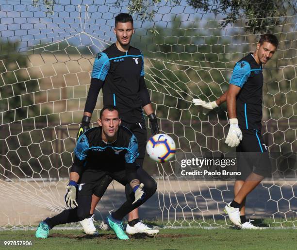 Silvio Proto, Thomas Strakosha and Guido Guerrieri in action during the SS Lazio training session on July 13, 2018 in Rome, Italy.