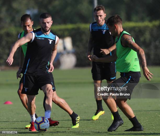 Valon Berisha with his teammates in action during the SS Lazio training session on July 13, 2018 in Rome, Italy.