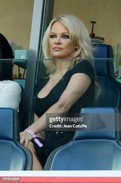 Pamela Anderson, girlfriend of Adil Rami of France attends the 2018 FIFA World Cup Russia Semi Final match between France and Belgium at Saint...