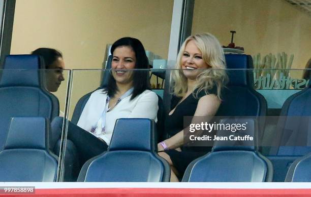 Pamela Anderson, girlfriend of Adil Rami of France attends the 2018 FIFA World Cup Russia Semi Final match between France and Belgium at Saint...