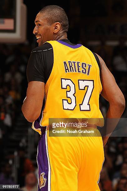 Ron Artest of the Los Angeles Lakers stands on the court while taking on the Utah Jazz in Game Two of the Western Conference Semifinals during the...