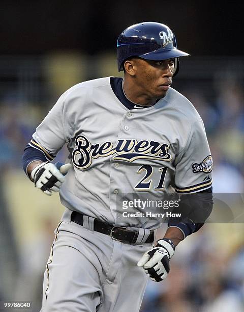Alcides Escobar of the Milwaukee Brewers runs to first on a hit against the Los Angeles Dodgers at Dodger Stadium on May 5, 2010 in Los Angeles,...