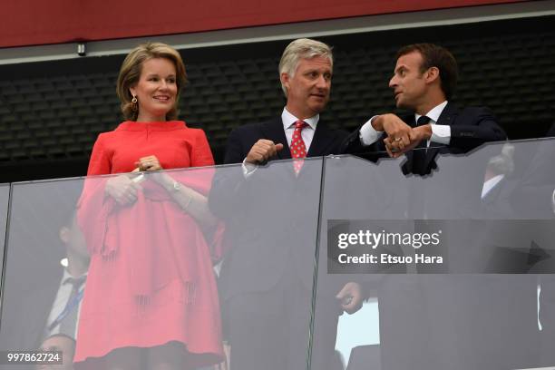 Queen Mathilde of Belgium, King Philippe of Belgium, President of France Emmanuel Macron are seen prior to during the 2018 FIFA World Cup Russia Semi...