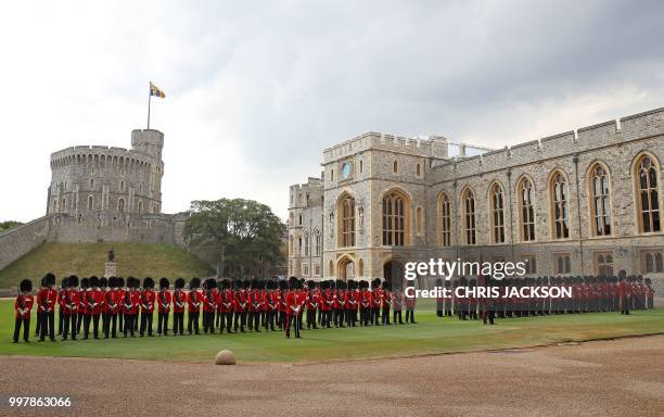 The guard of honour formed of the Coldstream Guards await the arrival of US President Donald Trump and US First Lady Melania Trump for a welcome...