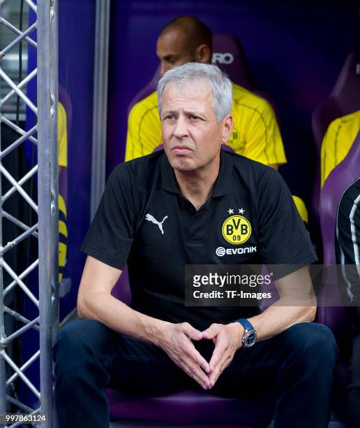 Head coach Lucien Favre of Dortmund looks dejected prior to the friendly match between Austria Wien and Borussia Dortmund at Generali Arena on July...