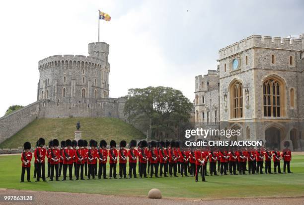 The guard of honour formed of the Coldstream Guards await the arrival of US President Donald Trump and US First Lady Melania Trump for a welcome...