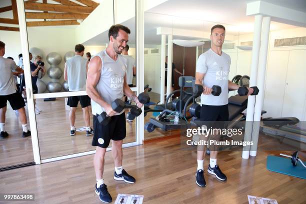 Christian Fuchs and Jonny Evans during the Leicester City pre-season training camp on July 13 , 2018 in Evian, France.