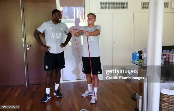 Wes Morgan and Marc Albrighton during the Leicester City pre-season training camp on July 13 , 2018 in Evian, France.