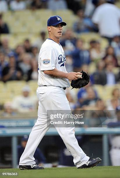 Chad Billingsley of the Los Angeles Dodgers reacts after allowing a run to the Milwaukee Brewers at Dodger Stadium on May 5, 2010 in Los Angeles,...