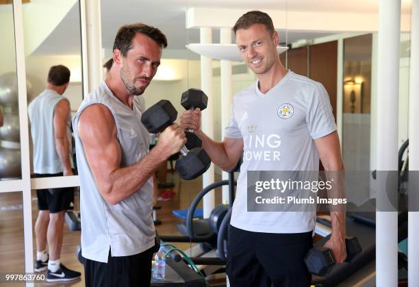 Christian Fuchs and Jonny Evans during the Leicester City pre-season training camp on July 13 , 2018 in Evian, France.