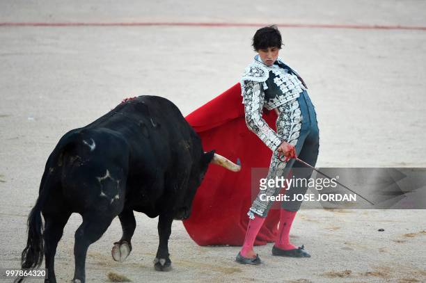 Spanish matador Andres Roca Rey performs a pass on a Jandilla fighting bull during a bullfight of the San Fermin festival in Pamplona, northern Spain...