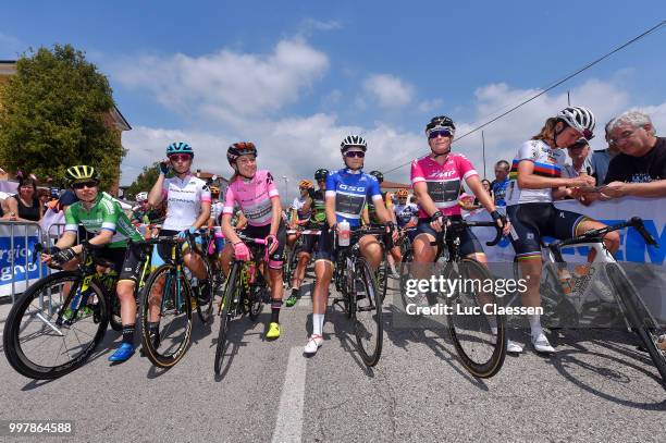 Amanda Spratt of Australia and Team Mitchelton-Scott Green points jersey / Sofia Bertizzolo of Italy and Astana Women Team White jersey / Annemiek...