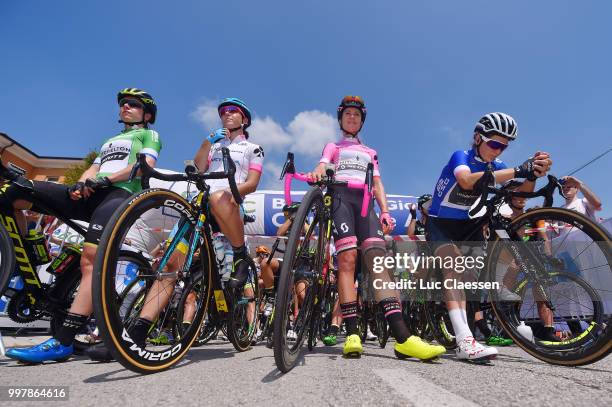 Amanda Spratt of Australia and Team Mitchelton-Scott Green points jersey / Sofia Bertizzolo of Italy and Astana Women Team White jersey / Annemiek...