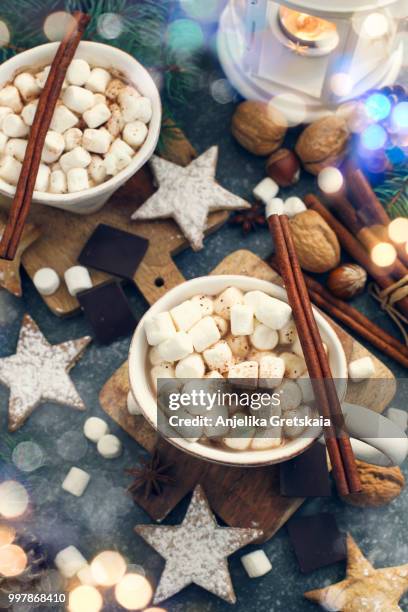 hot chocolate with marshmallows and cinnamon, top view. - astragalus stock-fotos und bilder