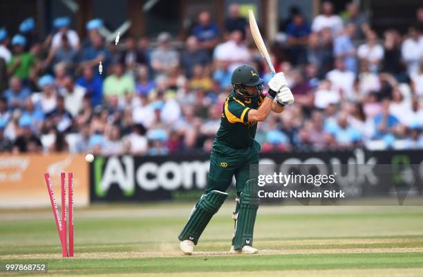 Steven Mullaney of Nottingham is bowled out during the Vitality Blast match between Derbyshire Falcons and Notts Outlaws at The 3aaa County Ground on...