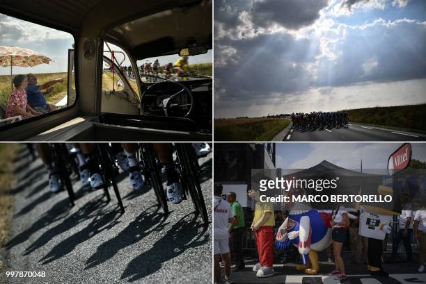 This combination of photos taken during the seventh stage of the 105th edition of the Tour de France cycling race between Fougeres and Chartres,...