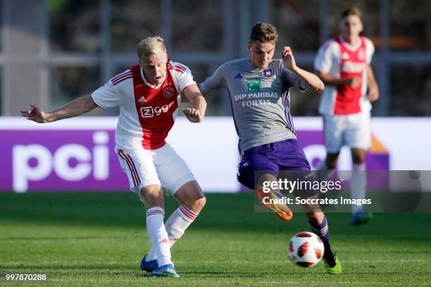 Donny van de Beek of Ajax, Pieter Gerkens of Anderlecht during the Club Friendly match between Ajax v Anderlecht at the Olympisch Stadion on July 13,...