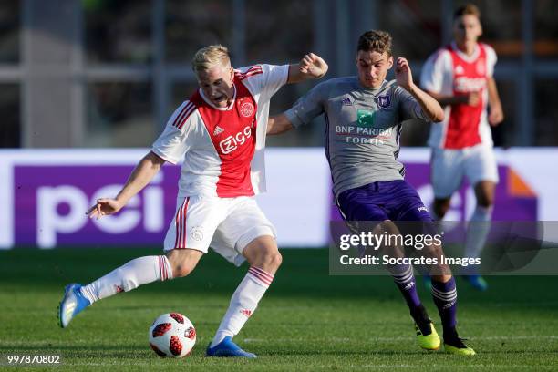 Donny van de Beek of Ajax, Pieter Gerkens of Anderlecht during the Club Friendly match between Ajax v Anderlecht at the Olympisch Stadion on July 13,...