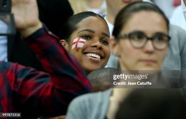 Paige Milian, girlfriend of Raheem Sterling of England attends the 2018 FIFA World Cup Russia Semi Final match between England and Croatia at...