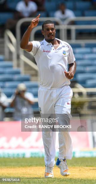 Shannon Gabriel of West Indies celebrates the dismissal of Liton Das of Bangladesh during day 2 of the 2nd Test between West Indies and Bangladesh at...