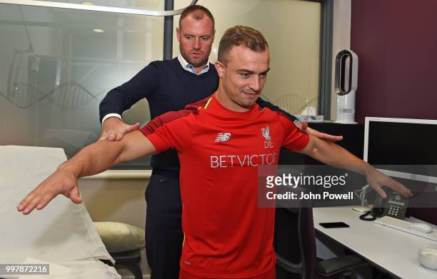 Xherdan Shaqiri Signs has his medical before signing for Liverpool at Melwood Training Ground on July 13, 2018 in Liverpool, England.
