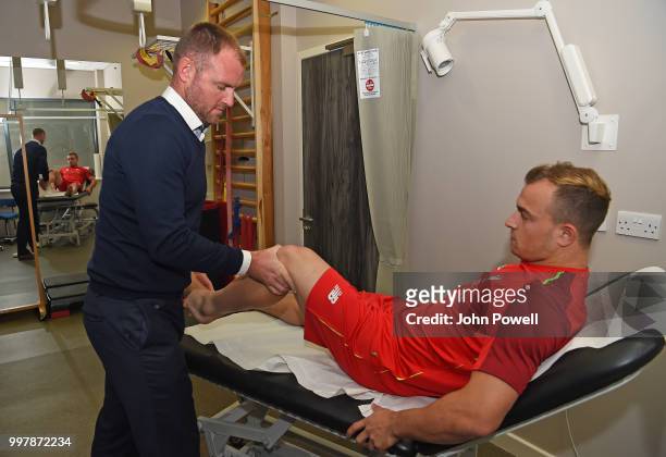 Xherdan Shaqiri Signs has his medical before signing for Liverpool at Melwood Training Ground on July 13, 2018 in Liverpool, England.