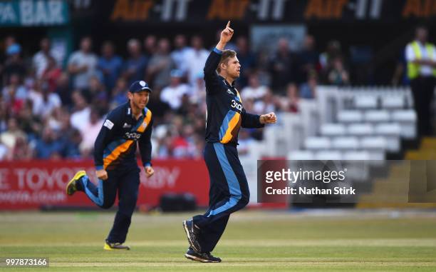 Lockie Ferguson of Derbyshire celebrates getting a wicket during the Vitality Blast match between Derbyshire Falcons and Notts Outlaws at The 3aaa...
