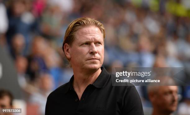 Hamburg head coach Markus Gisdol arriving to the stadium ahead of the Hamburger SV vs Espanyol Barcelona test match in the Volkspark stadium in...