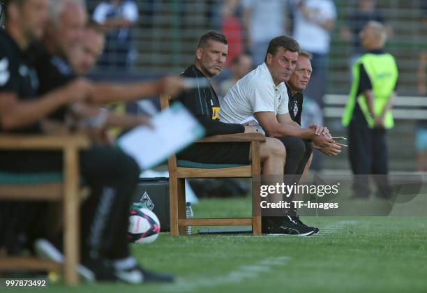 Head coach Dieter Hecking of Moenchengladbach looks on during the pre-season friendly match between VfB Luebeck and Borussia Moenchengladbach at...