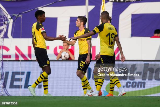 Alexander Isak of Borussia Dortmund celebrates after scoring the opening goal during a friendly match against Austria Wien at the Generali Arena on...