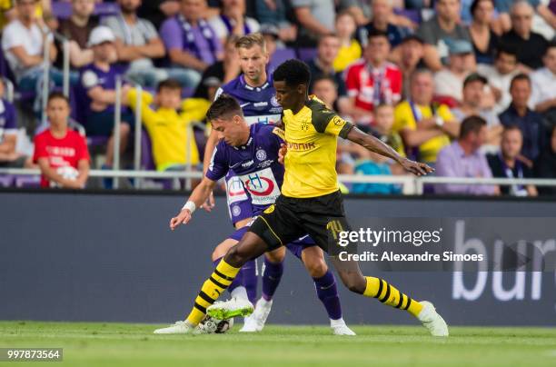 Alexander Isak of Borussia Dortmund in action during a friendly match against Austria Wien at the Generali Arena on July 13, 2018 in Vienna, Austria.