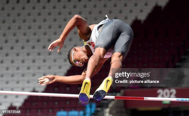 German pole vaulter Raphael Marcel Holzdeppe jumping over the bar at the men's pole vault qualifier at the IAAF World Championships in London, Great...