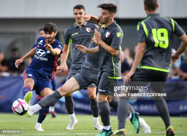 Lyon's French forward Martin Terrier fires a shoot during the friendly football match between FC Sion and Olympique Lyonnais on July 13, 2018 at the...