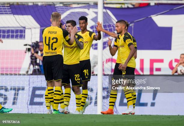 Alexander Isak of Borussia Dortmund celebrates after scoring the opening goal during a friendly match against Austria Wien at the Generali Arena on...