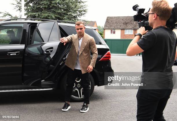 Xherdan Shaqiri arrives to sign for Liverpool at Melwood Training Ground on July 13, 2018 in Liverpool, England.