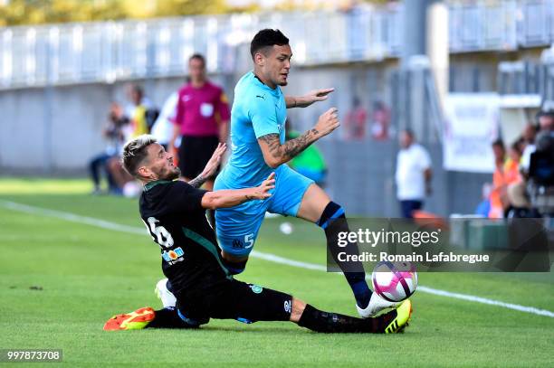 Mathieu Debuchy of Saint Etienne and Lucas Ocampos of Marseille during the Friendly match between Marseille and Saint Etienne on July 13, 2018 in...
