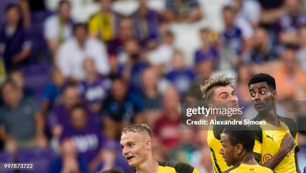 Maximilian Philipp and Alexander Isak of Borussia Dortmund in action during a friendly match against Austria Wien at the Generali Arena on July 13,...