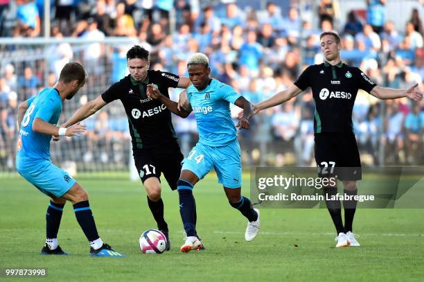 Valere Germain of Marseille, Ole Kristian Selnaes of Saint Etienne, Clinton Mua Njie of Marseille and Robert Beric of Saint Etienne during the...